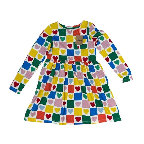 NWT Mini Boden Colorful Heart Print Cotton Dress Long Sleeve Size 9-10 - Picture 1 of 5